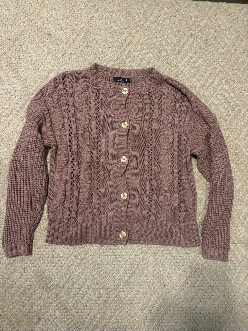 Classic Cable Knit Button-Front Cardigan in Mauve